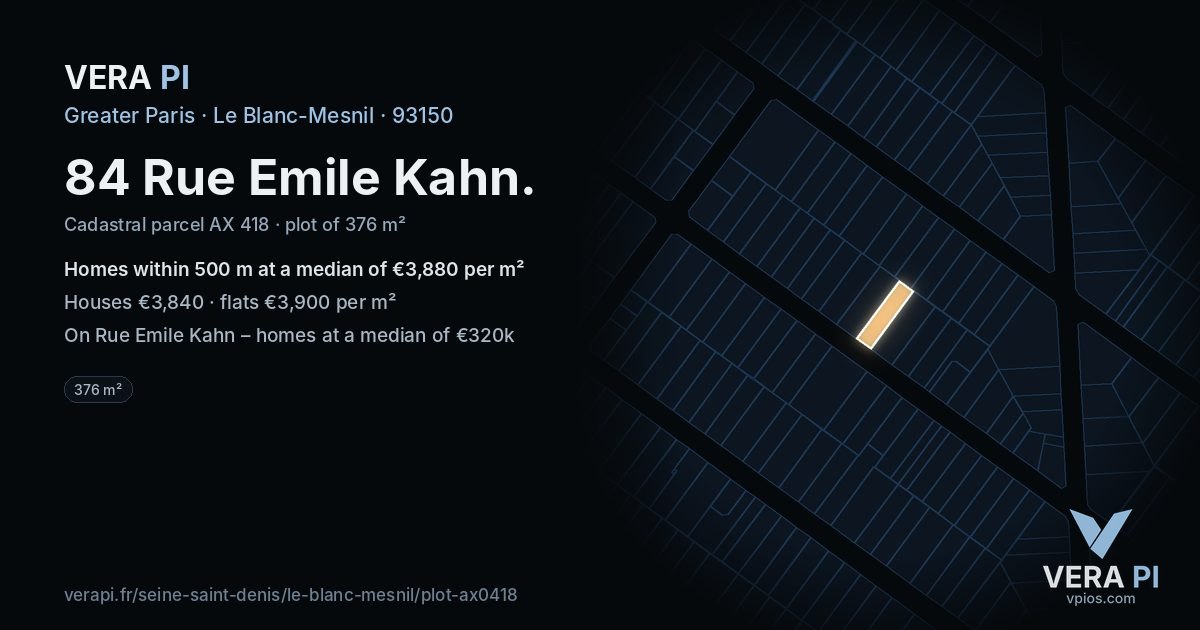 84 Rue Emile Kahn, Le Blanc-Mesnil at night – the plot lit, the parcels around coloured by the prices near them