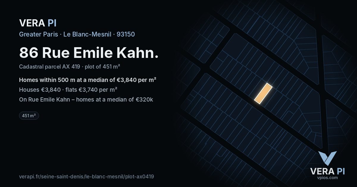 86 Rue Emile Kahn, Le Blanc-Mesnil at night – the plot lit, the parcels around coloured by the prices near them