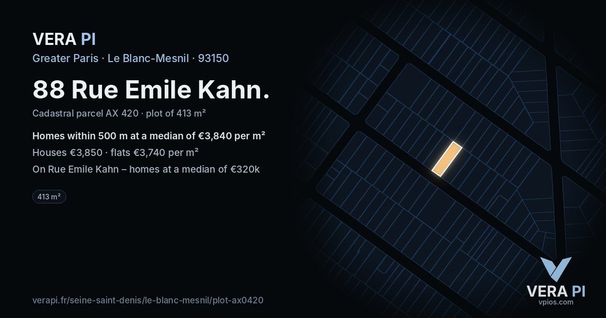 88 Rue Emile Kahn, Le Blanc-Mesnil at night – the plot lit, the parcels around coloured by the prices near them