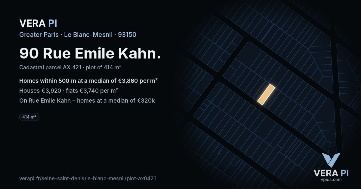 90 Rue Emile Kahn, Le Blanc-Mesnil at night – the plot lit, the parcels around coloured by the prices near them
