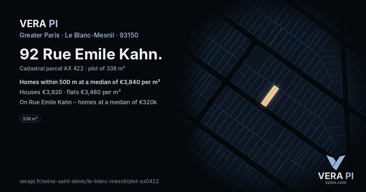 92 Rue Emile Kahn, Le Blanc-Mesnil at night – the plot lit, the parcels around coloured by the prices near them