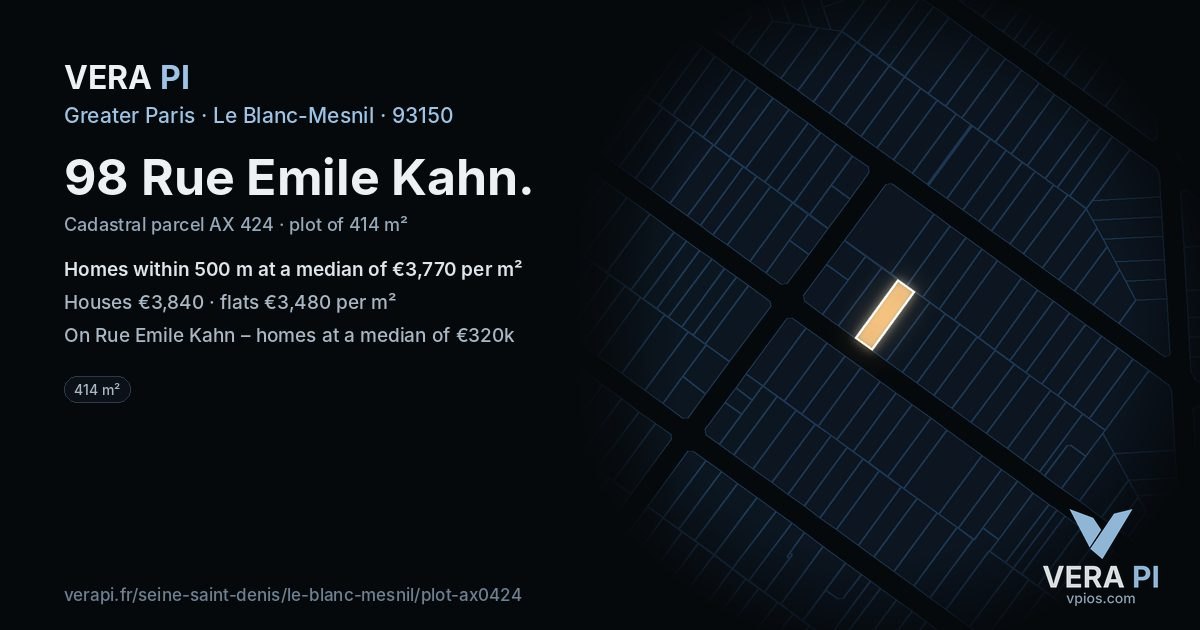 98 Rue Emile Kahn, Le Blanc-Mesnil at night – the plot lit, the parcels around coloured by the prices near them