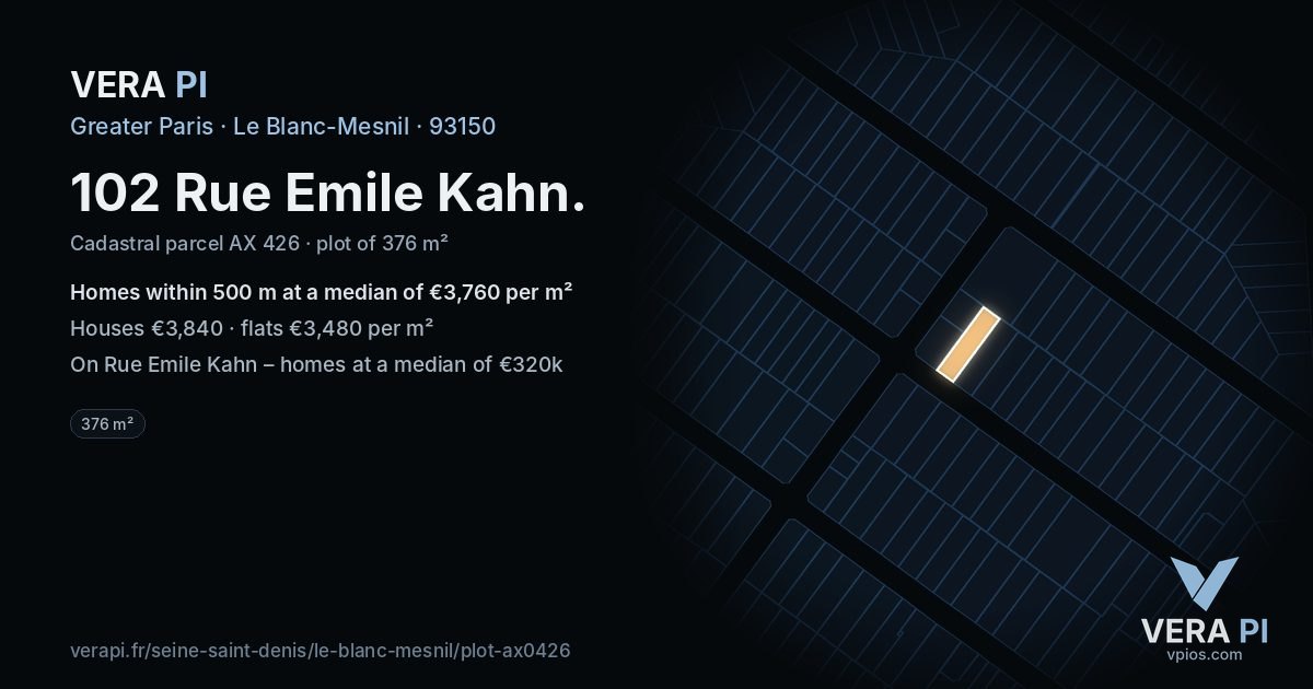102 Rue Emile Kahn, Le Blanc-Mesnil at night – the plot lit, the parcels around coloured by the prices near them