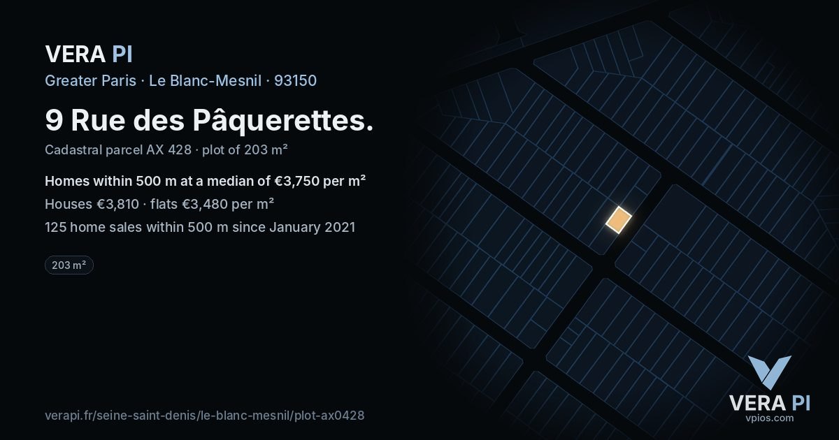 9 Rue des Pâquerettes, Le Blanc-Mesnil at night – the plot lit, the parcels around coloured by the prices near them