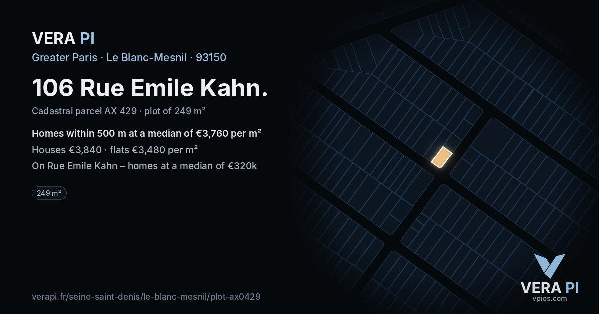 106 Rue Emile Kahn, Le Blanc-Mesnil at night – the plot lit, the parcels around coloured by the prices near them