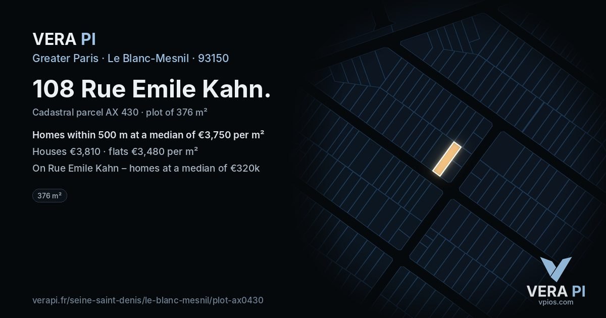 108 Rue Emile Kahn, Le Blanc-Mesnil at night – the plot lit, the parcels around coloured by the prices near them