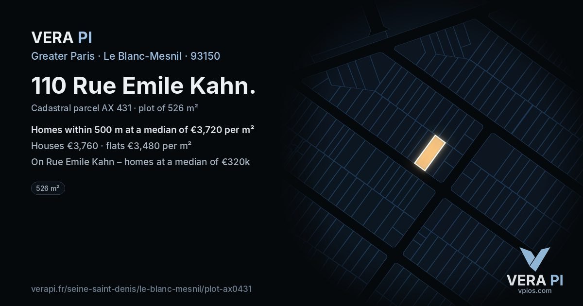 110 Rue Emile Kahn, Le Blanc-Mesnil at night – the plot lit, the parcels around coloured by the prices near them