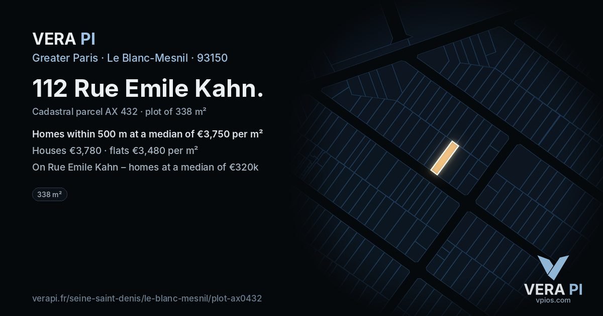 112 Rue Emile Kahn, Le Blanc-Mesnil at night – the plot lit, the parcels around coloured by the prices near them
