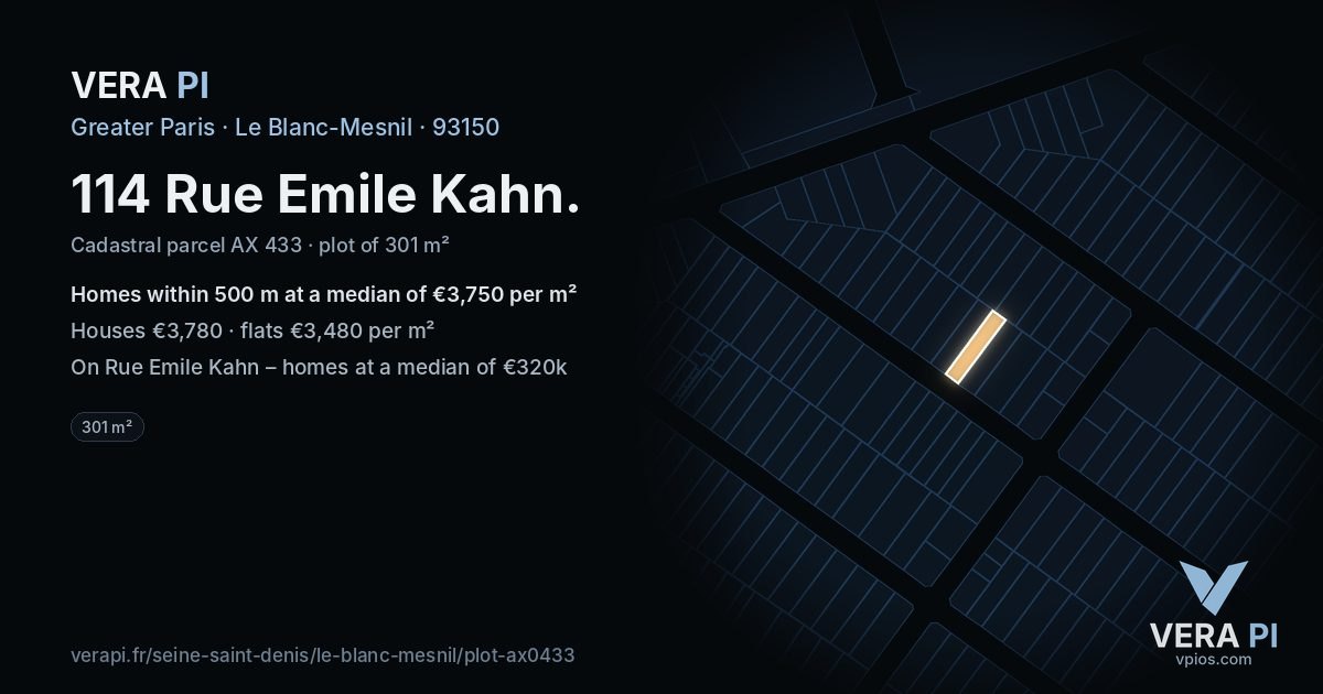 114 Rue Emile Kahn, Le Blanc-Mesnil at night – the plot lit, the parcels around coloured by the prices near them