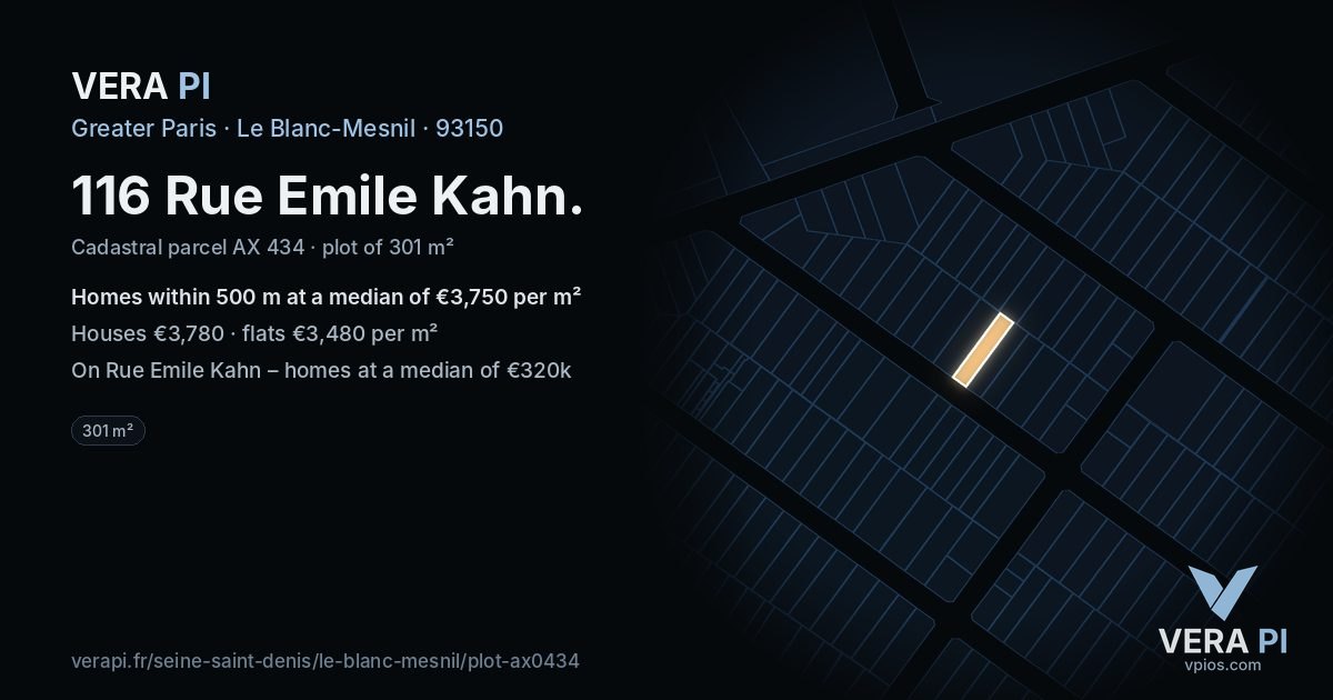 116 Rue Emile Kahn, Le Blanc-Mesnil at night – the plot lit, the parcels around coloured by the prices near them