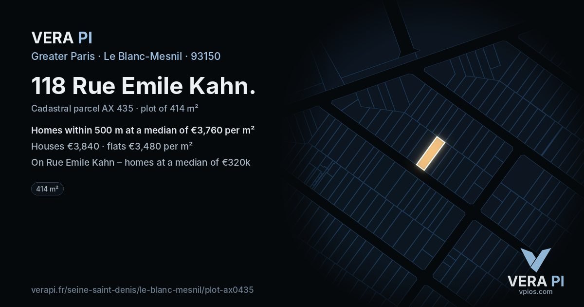 118 Rue Emile Kahn, Le Blanc-Mesnil at night – the plot lit, the parcels around coloured by the prices near them