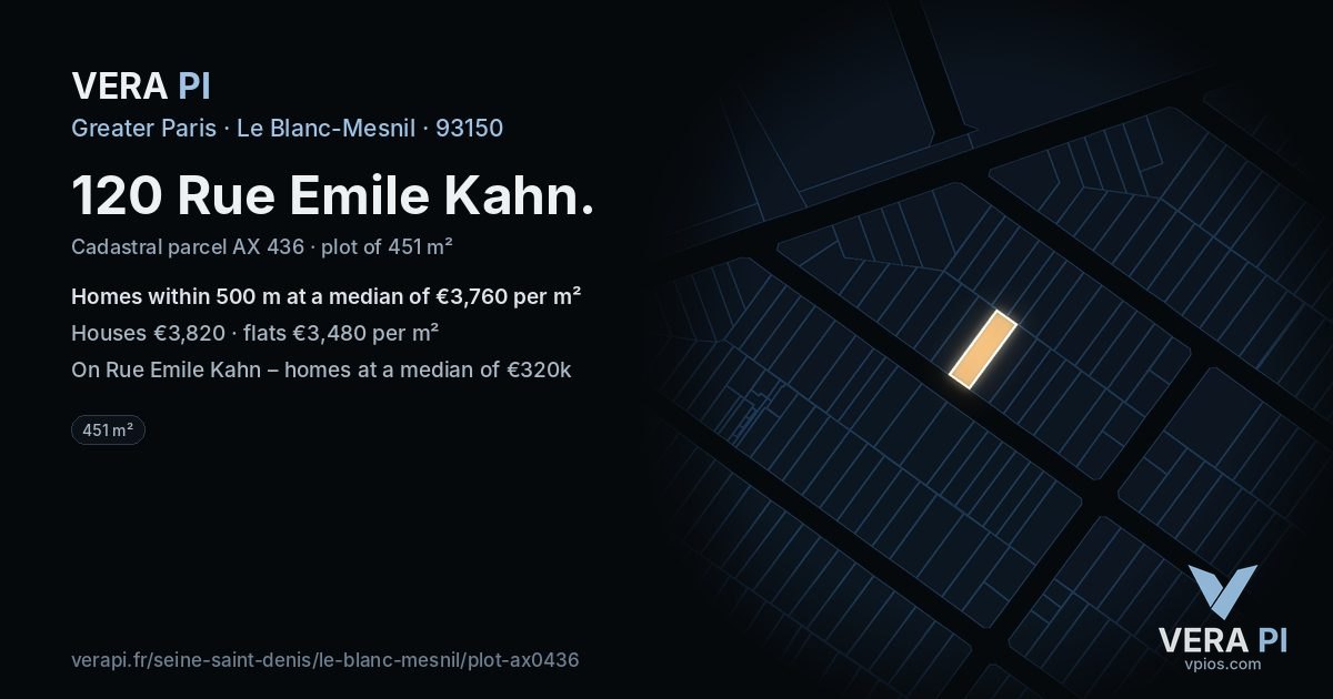 120 Rue Emile Kahn, Le Blanc-Mesnil at night – the plot lit, the parcels around coloured by the prices near them