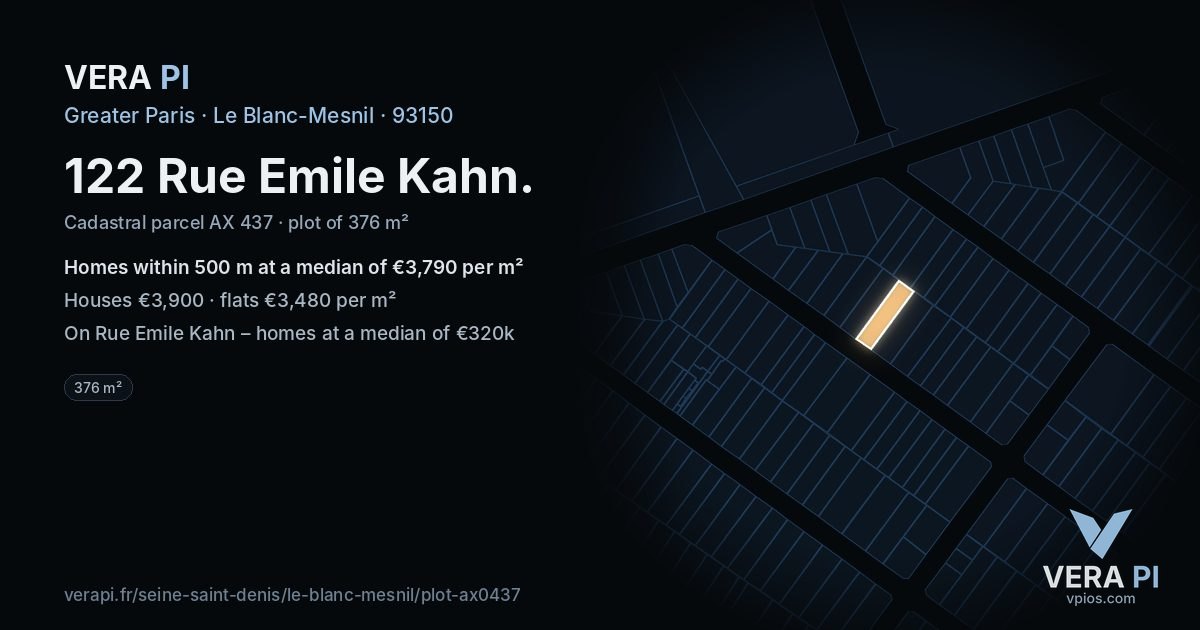 122 Rue Emile Kahn, Le Blanc-Mesnil at night – the plot lit, the parcels around coloured by the prices near them