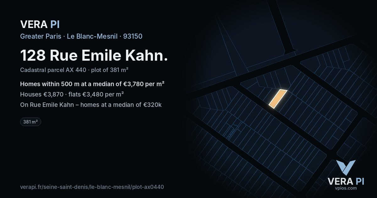 128 Rue Emile Kahn, Le Blanc-Mesnil at night – the plot lit, the parcels around coloured by the prices near them