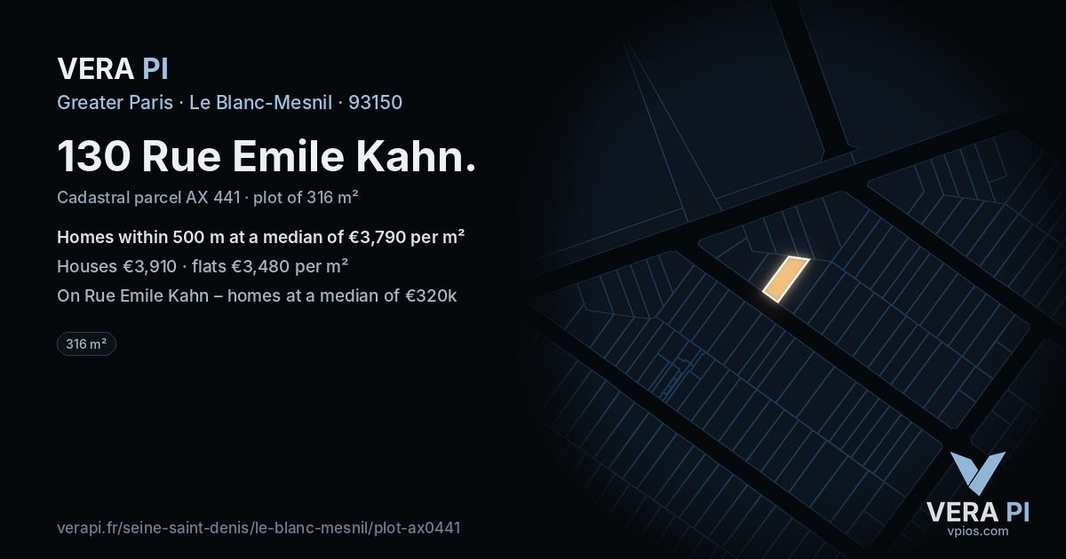 130 Rue Emile Kahn, Le Blanc-Mesnil at night – the plot lit, the parcels around coloured by the prices near them