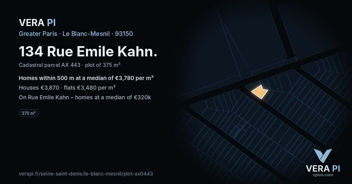 134 Rue Emile Kahn, Le Blanc-Mesnil at night – the plot lit, the parcels around coloured by the prices near them