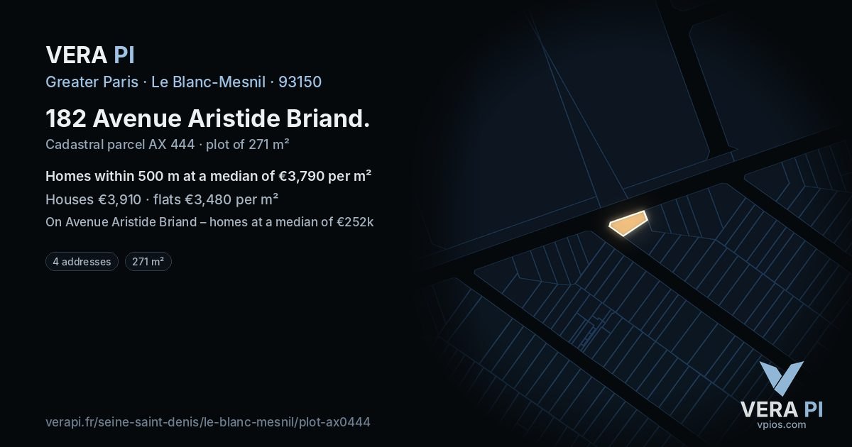 182 Avenue Aristide Briand, Le Blanc-Mesnil at night – the plot lit, the parcels around coloured by the prices near them
