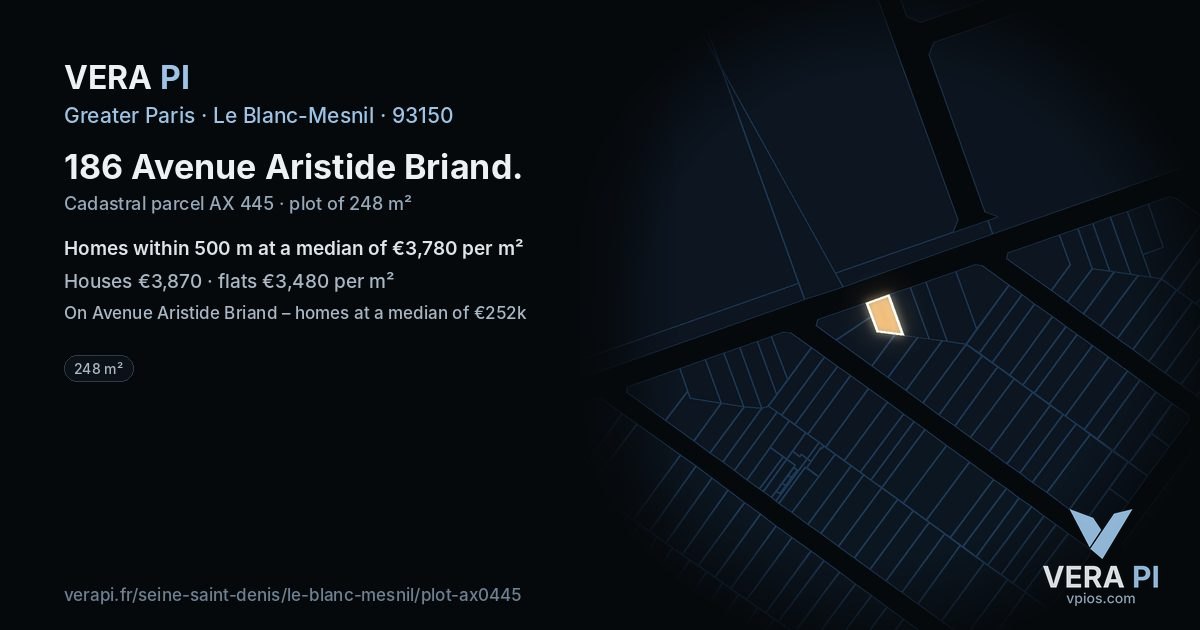 186 Avenue Aristide Briand, Le Blanc-Mesnil at night – the plot lit, the parcels around coloured by the prices near them