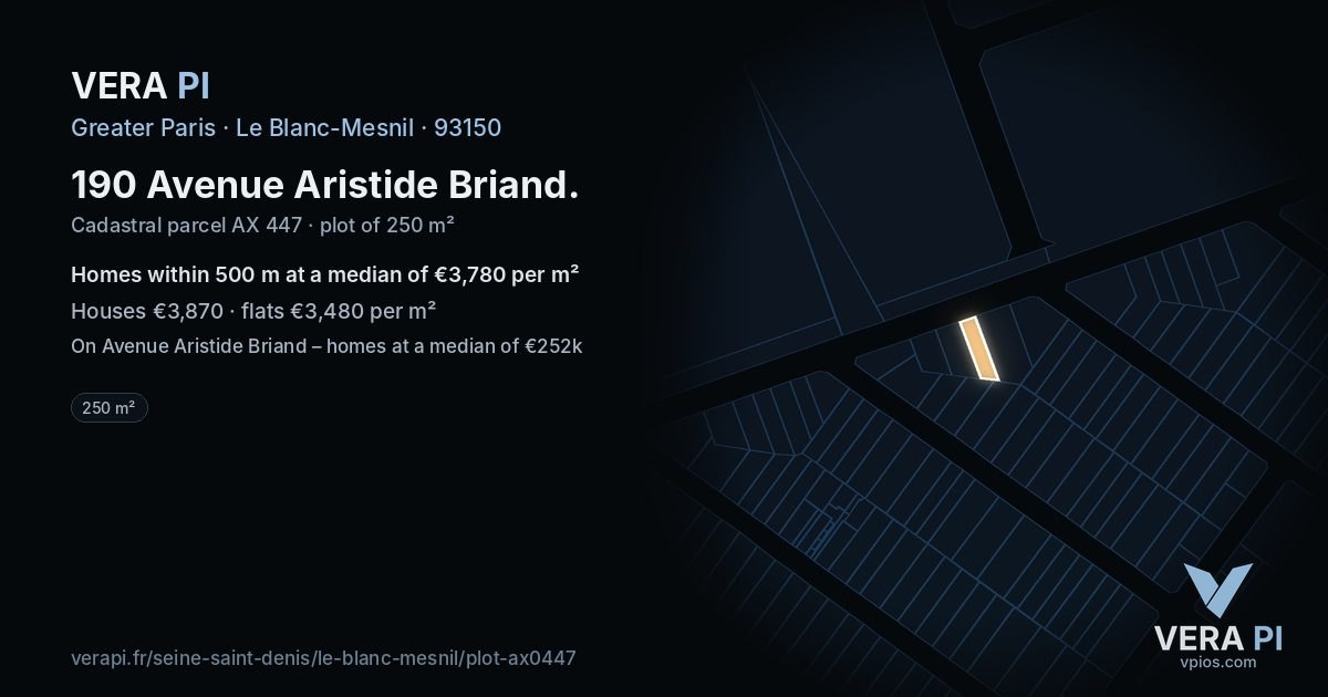 190 Avenue Aristide Briand, Le Blanc-Mesnil at night – the plot lit, the parcels around coloured by the prices near them