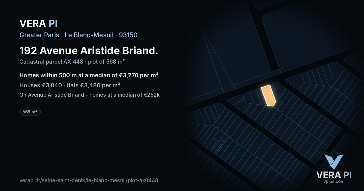 192 Avenue Aristide Briand, Le Blanc-Mesnil at night – the plot lit, the parcels around coloured by the prices near them