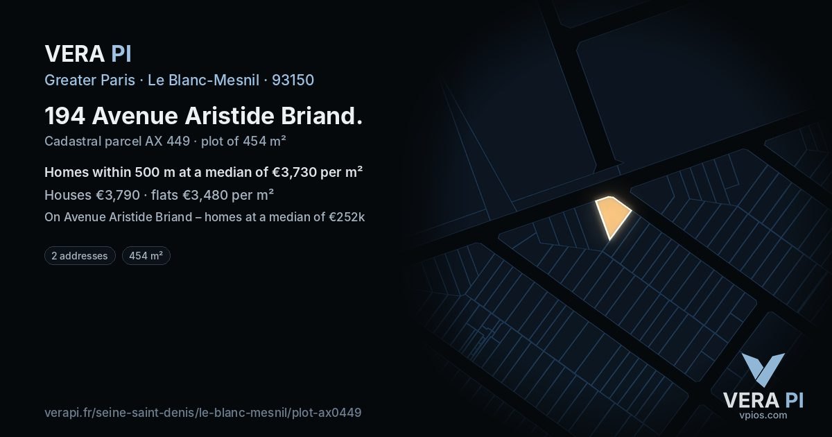 194 Avenue Aristide Briand, Le Blanc-Mesnil at night – the plot lit, the parcels around coloured by the prices near them