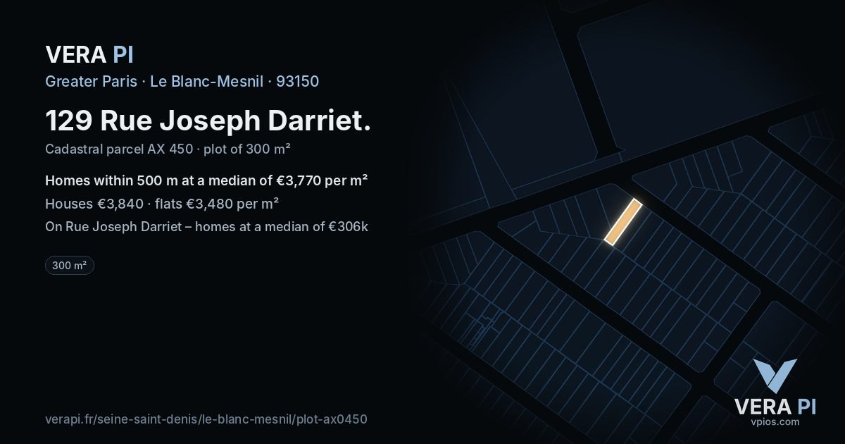 129 Rue Joseph Darriet, Le Blanc-Mesnil at night – the plot lit, the parcels around coloured by the prices near them