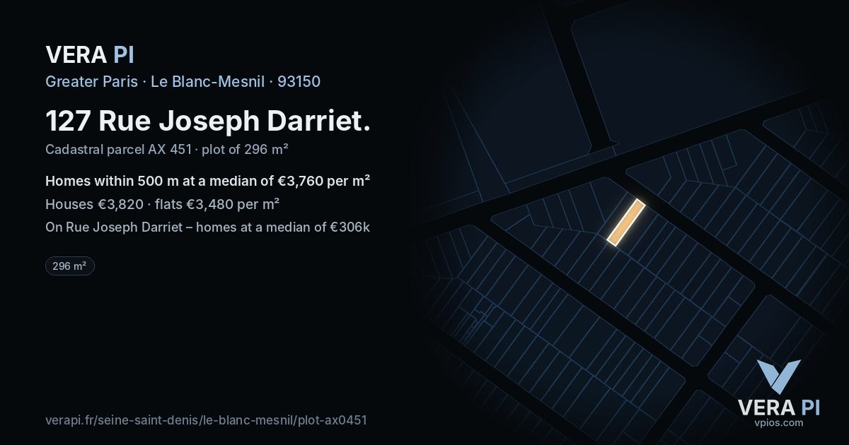 127 Rue Joseph Darriet, Le Blanc-Mesnil at night – the plot lit, the parcels around coloured by the prices near them