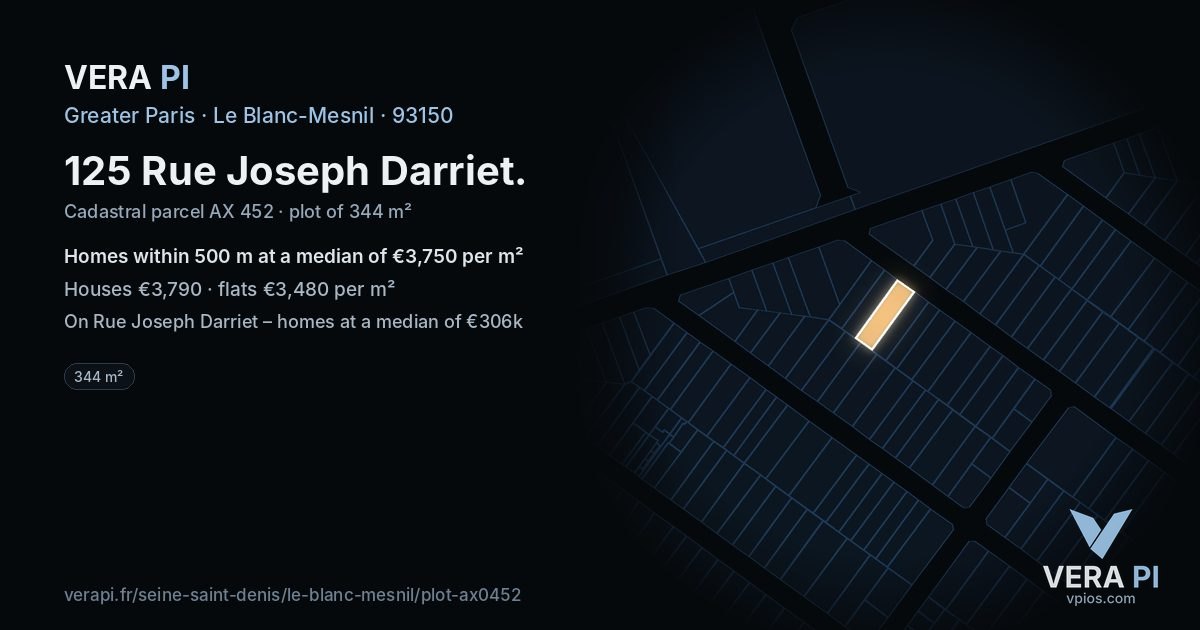 125 Rue Joseph Darriet, Le Blanc-Mesnil at night – the plot lit, the parcels around coloured by the prices near them