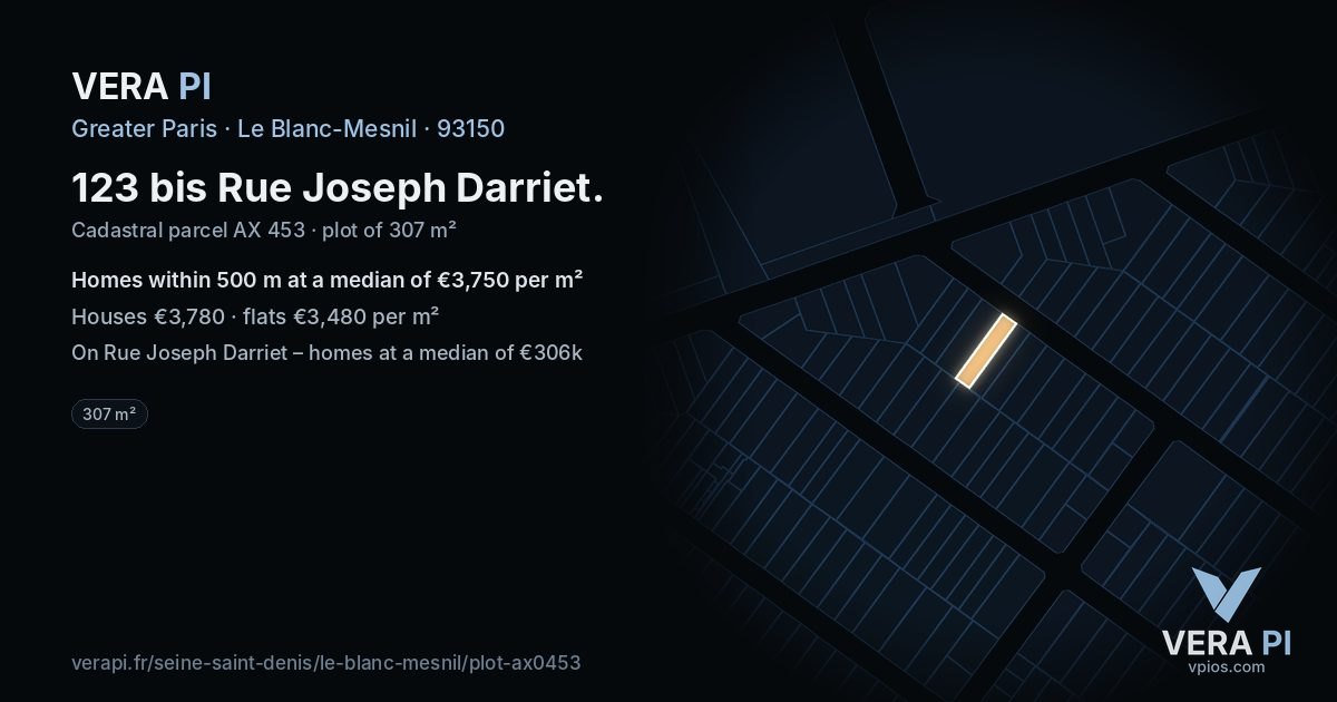 123 bis Rue Joseph Darriet, Le Blanc-Mesnil at night – the plot lit, the parcels around coloured by the prices near them