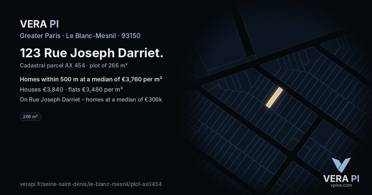 123 Rue Joseph Darriet, Le Blanc-Mesnil at night – the plot lit, the parcels around coloured by the prices near them