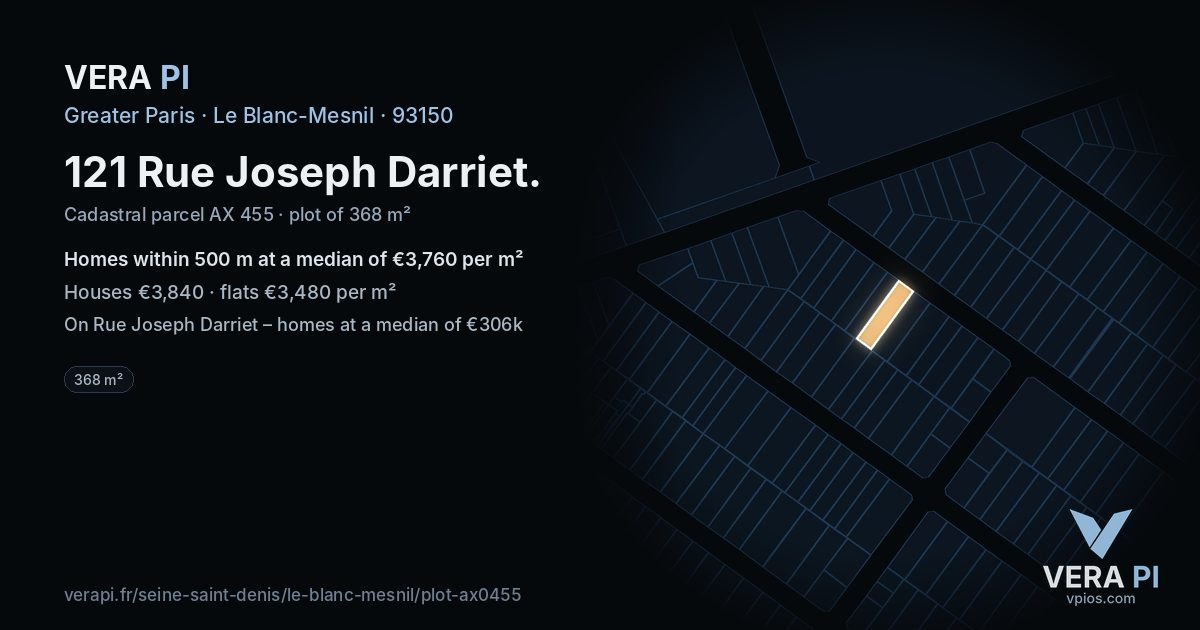 121 Rue Joseph Darriet, Le Blanc-Mesnil at night – the plot lit, the parcels around coloured by the prices near them
