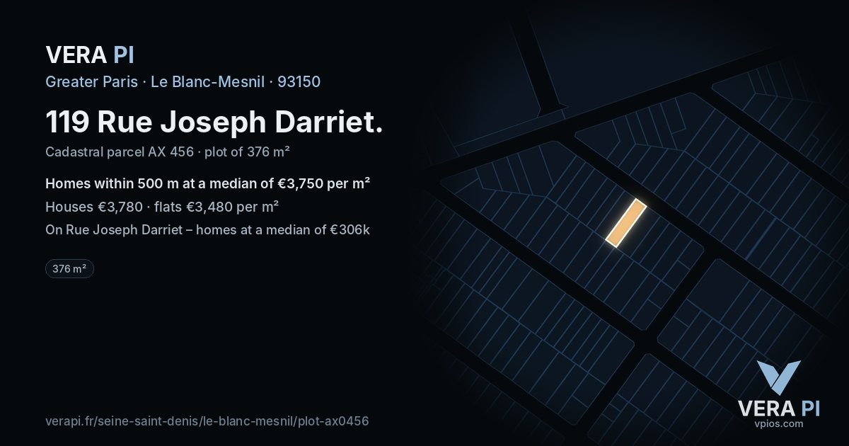 119 Rue Joseph Darriet, Le Blanc-Mesnil at night – the plot lit, the parcels around coloured by the prices near them