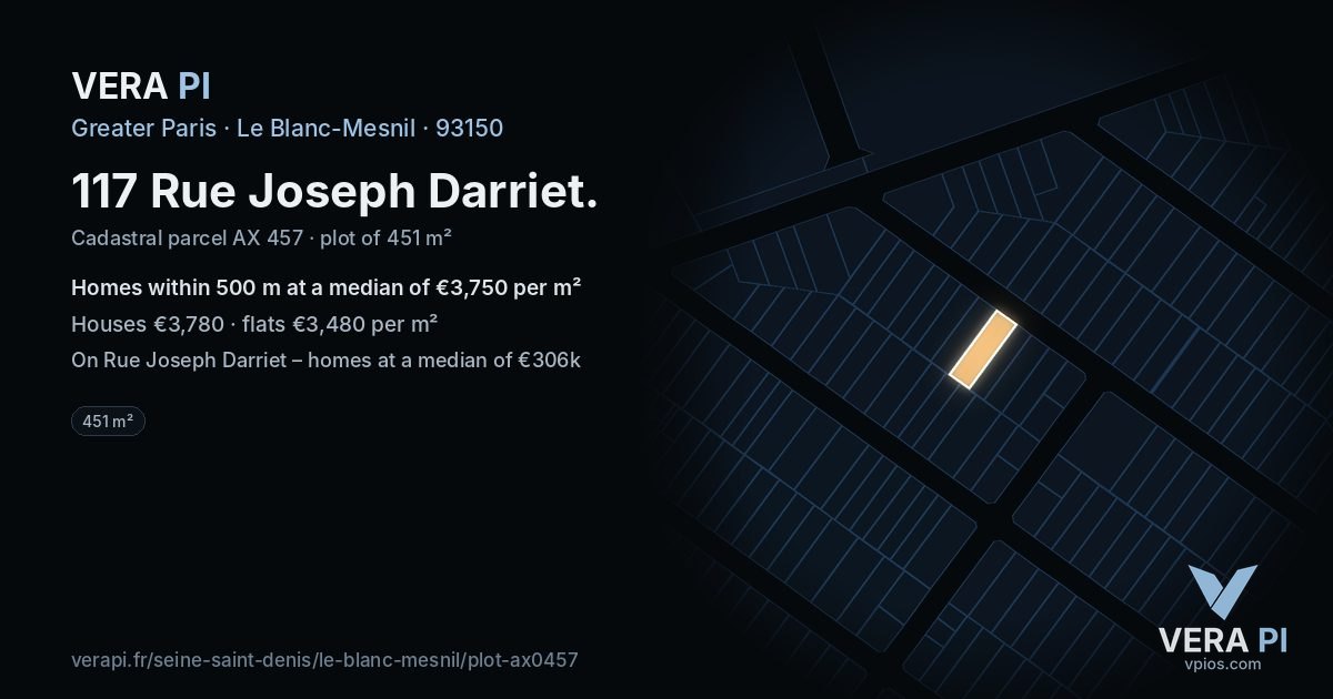 117 Rue Joseph Darriet, Le Blanc-Mesnil at night – the plot lit, the parcels around coloured by the prices near them