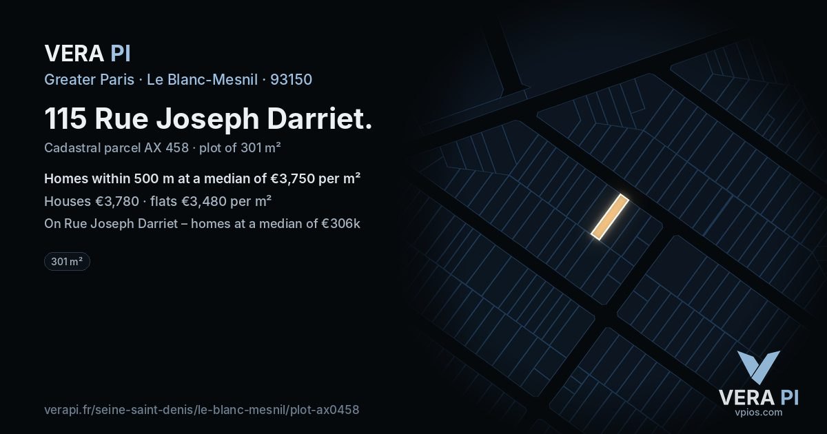 115 Rue Joseph Darriet, Le Blanc-Mesnil at night – the plot lit, the parcels around coloured by the prices near them