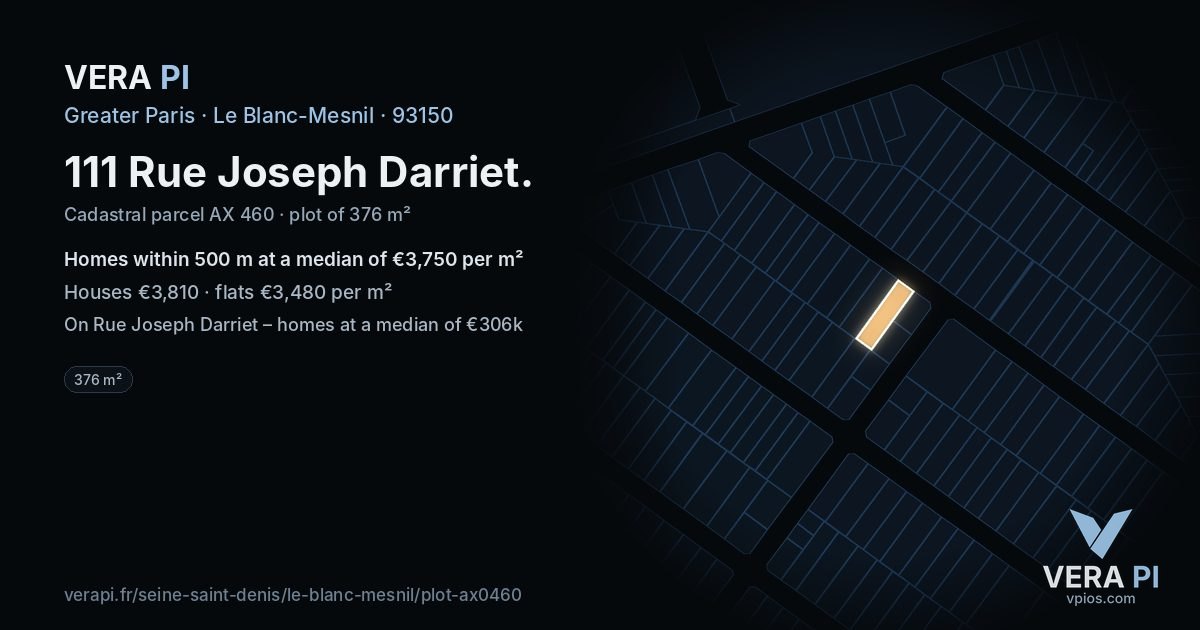 111 Rue Joseph Darriet, Le Blanc-Mesnil at night – the plot lit, the parcels around coloured by the prices near them