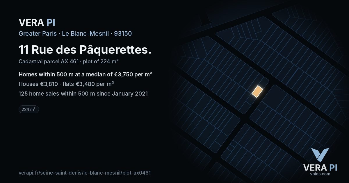 11 Rue des Pâquerettes, Le Blanc-Mesnil at night – the plot lit, the parcels around coloured by the prices near them