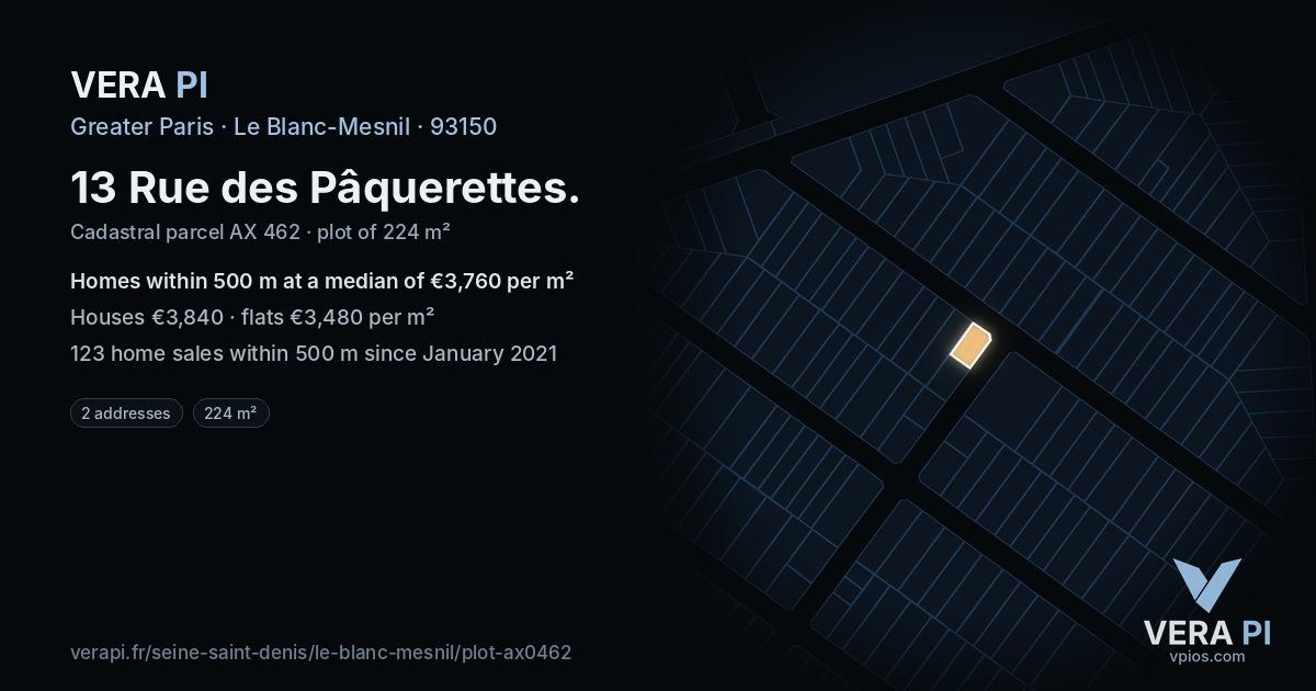 13 Rue des Pâquerettes, Le Blanc-Mesnil at night – the plot lit, the parcels around coloured by the prices near them