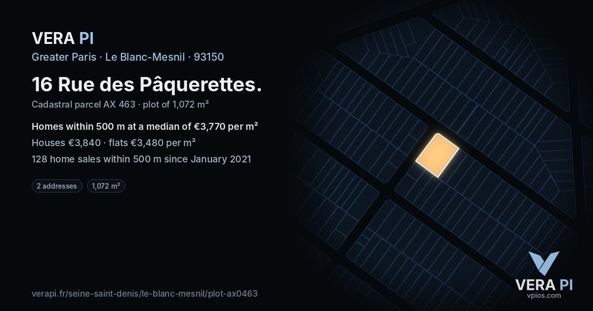 16 Rue des Pâquerettes, Le Blanc-Mesnil at night – the plot lit, the parcels around coloured by the prices near them