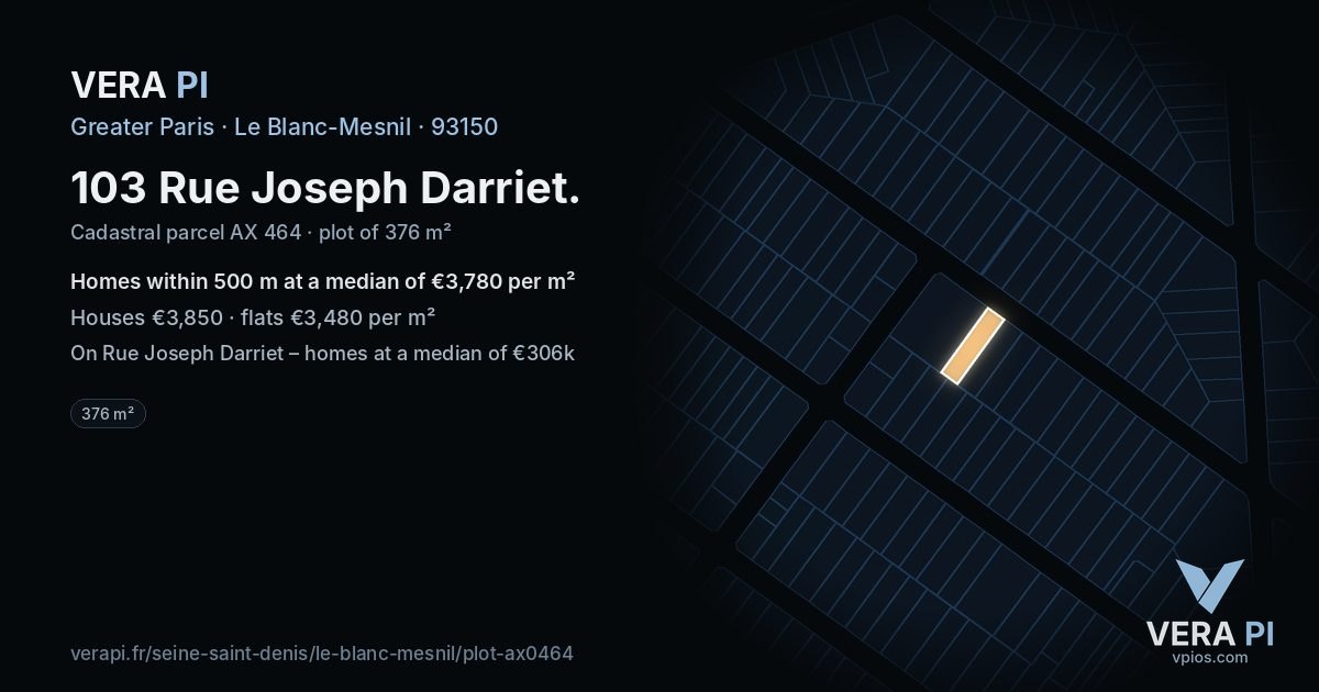 103 Rue Joseph Darriet, Le Blanc-Mesnil at night – the plot lit, the parcels around coloured by the prices near them