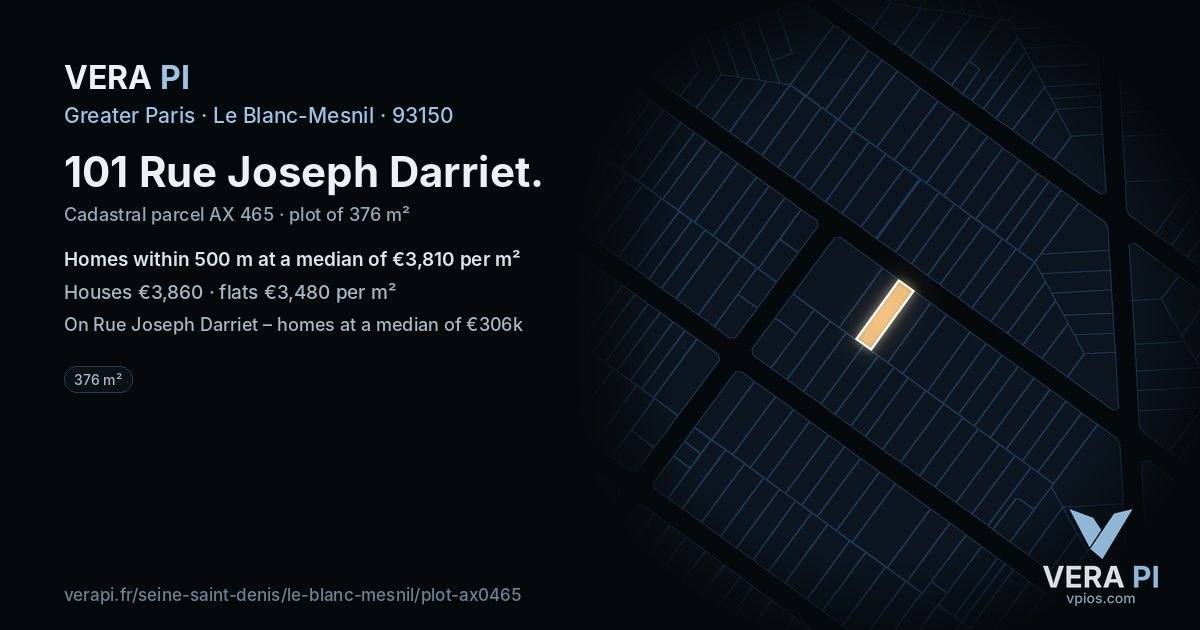 101 Rue Joseph Darriet, Le Blanc-Mesnil at night – the plot lit, the parcels around coloured by the prices near them
