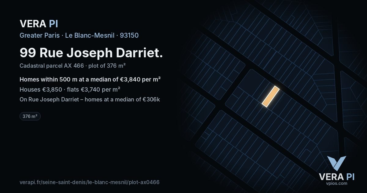 99 Rue Joseph Darriet, Le Blanc-Mesnil at night – the plot lit, the parcels around coloured by the prices near them