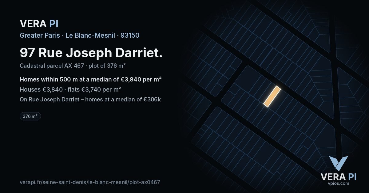 97 Rue Joseph Darriet, Le Blanc-Mesnil at night – the plot lit, the parcels around coloured by the prices near them