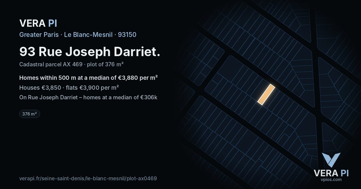93 Rue Joseph Darriet, Le Blanc-Mesnil at night – the plot lit, the parcels around coloured by the prices near them