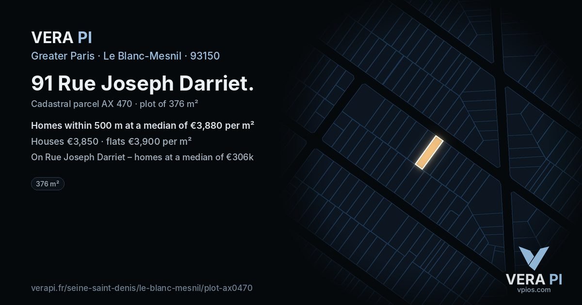 91 Rue Joseph Darriet, Le Blanc-Mesnil at night – the plot lit, the parcels around coloured by the prices near them