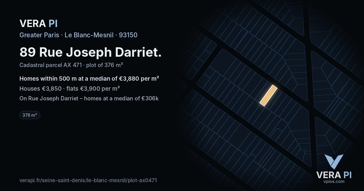 89 Rue Joseph Darriet, Le Blanc-Mesnil at night – the plot lit, the parcels around coloured by the prices near them