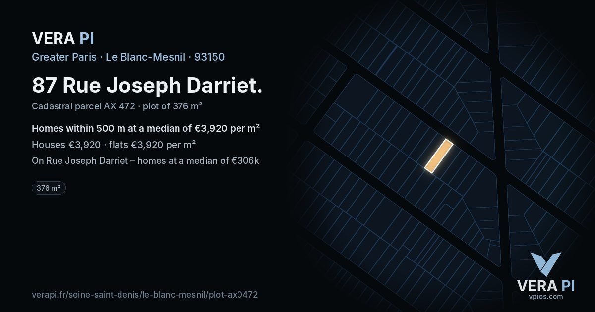 87 Rue Joseph Darriet, Le Blanc-Mesnil at night – the plot lit, the parcels around coloured by the prices near them