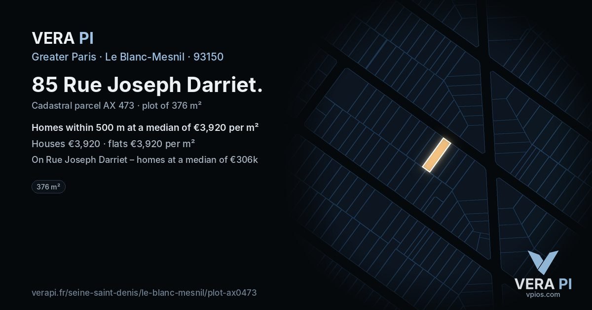 85 Rue Joseph Darriet, Le Blanc-Mesnil at night – the plot lit, the parcels around coloured by the prices near them