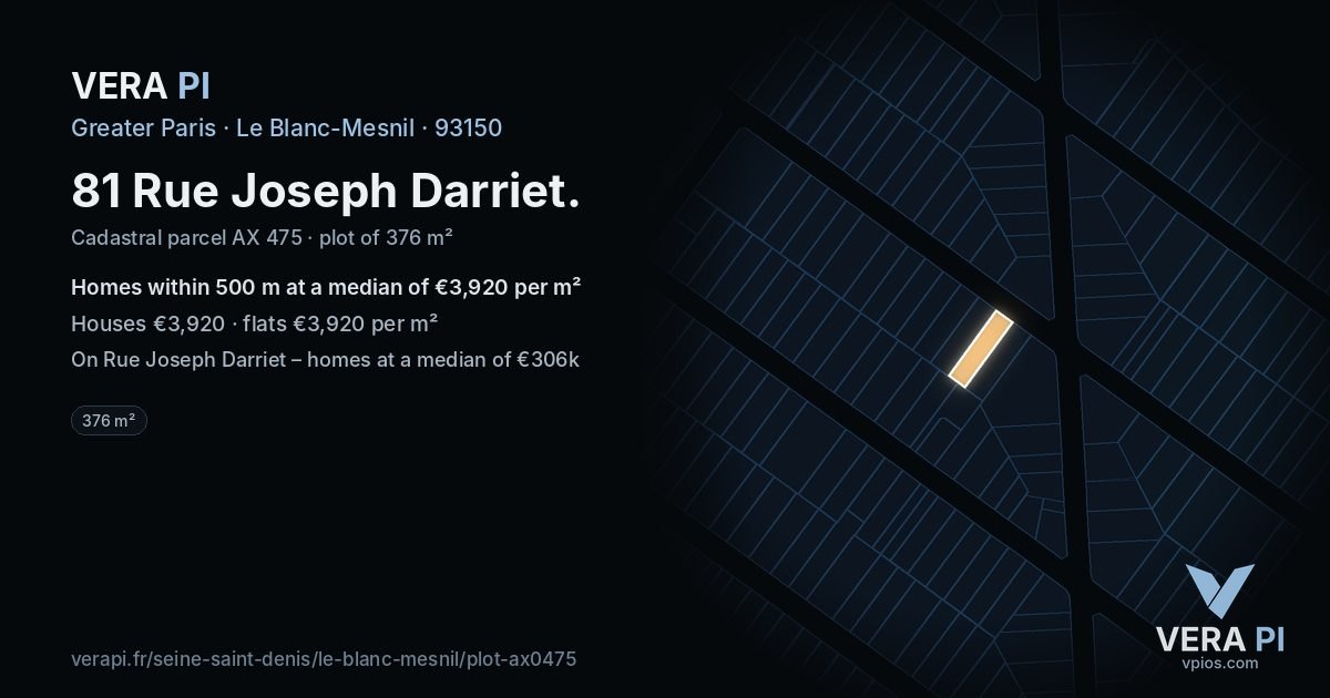 81 Rue Joseph Darriet, Le Blanc-Mesnil at night – the plot lit, the parcels around coloured by the prices near them