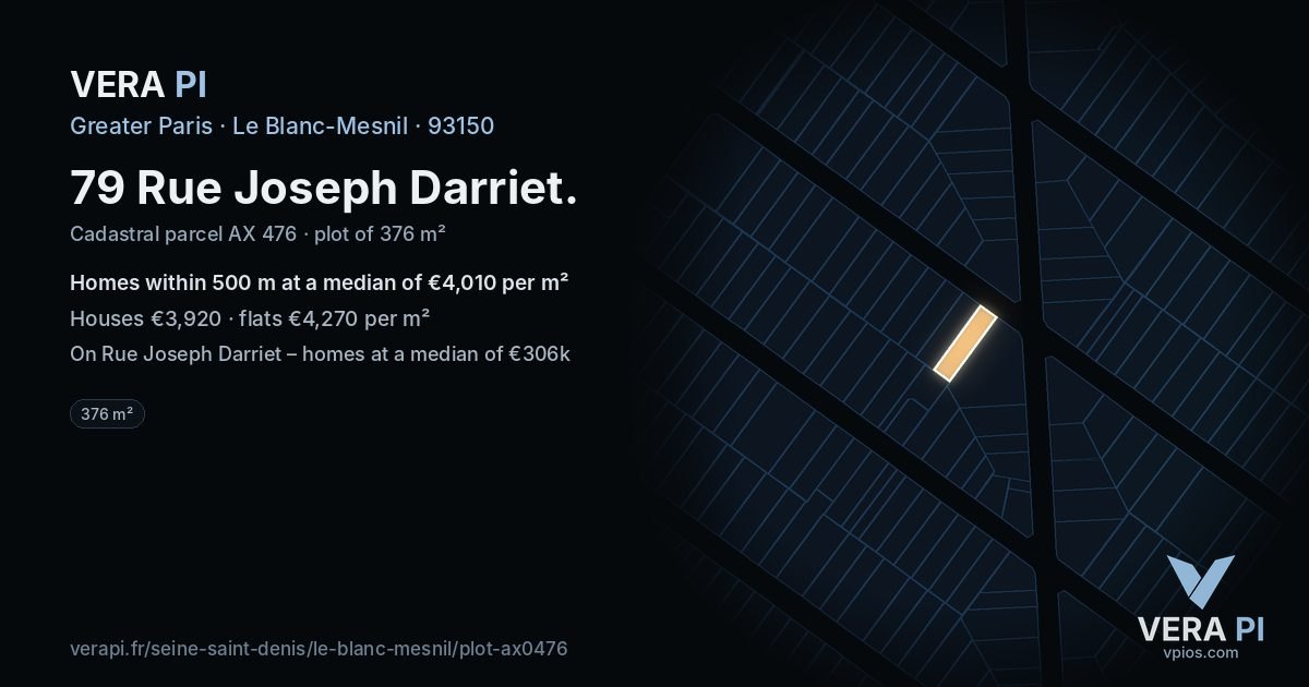 79 Rue Joseph Darriet, Le Blanc-Mesnil at night – the plot lit, the parcels around coloured by the prices near them