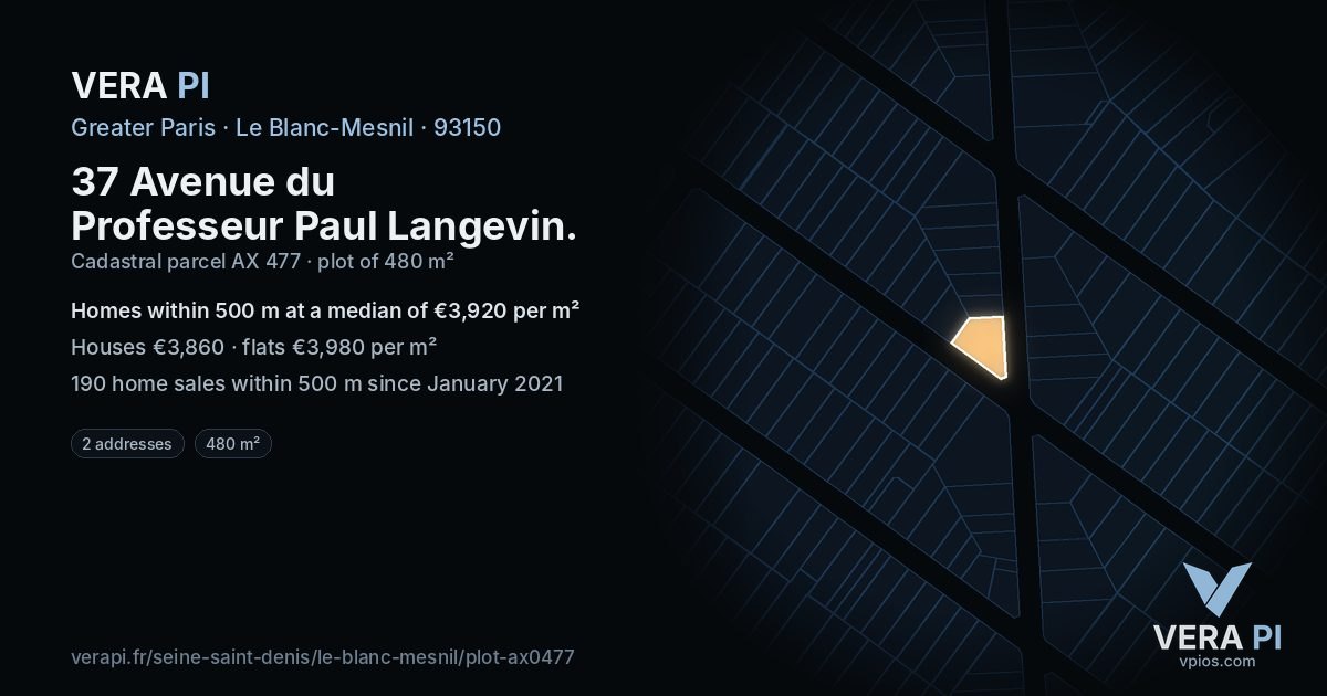 37 Avenue du Professeur Paul Langevin, Le Blanc-Mesnil at night – the plot lit, the parcels around coloured by the prices near them